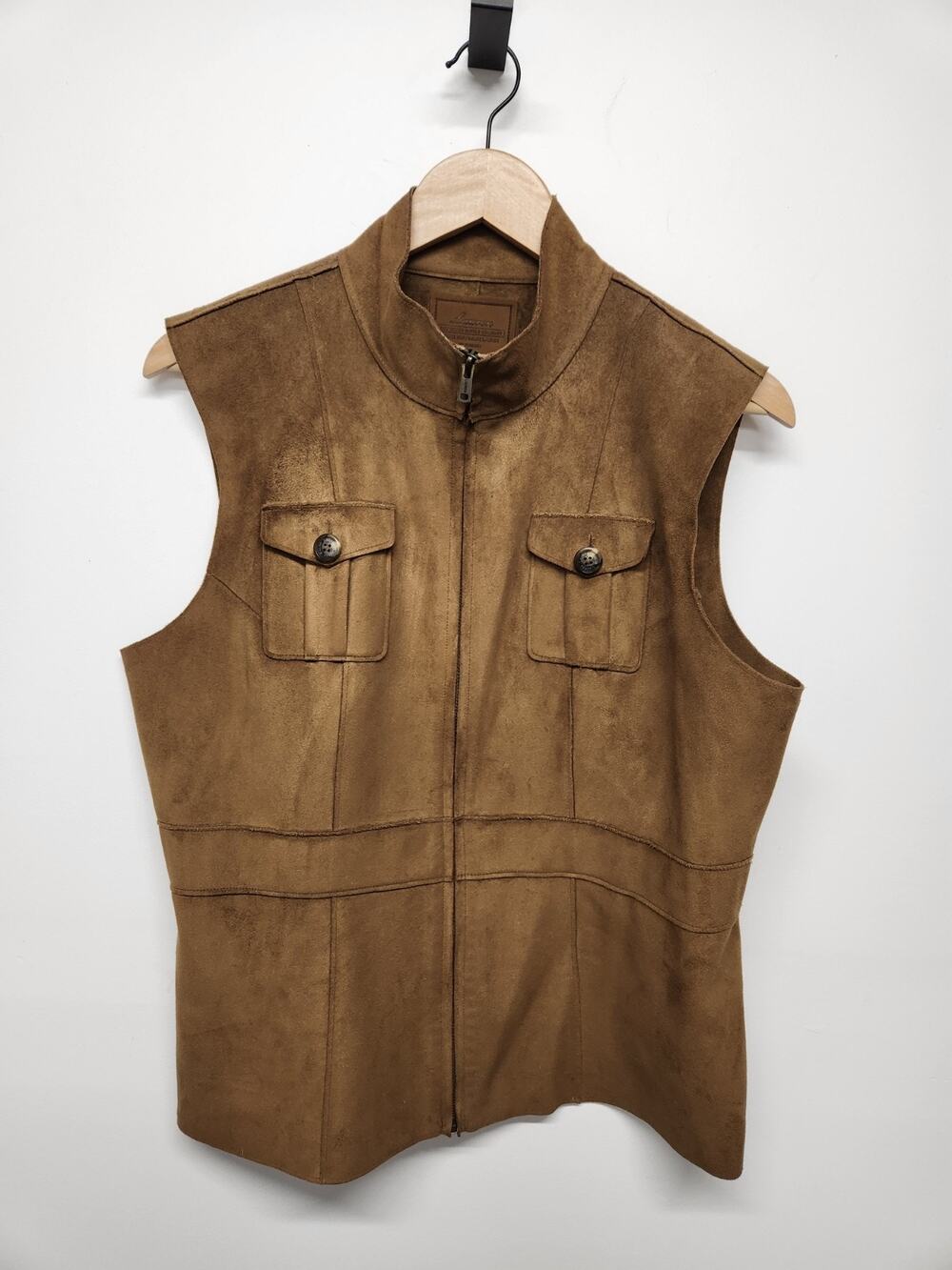Vtg. Lauren Dry Goods Supply Company Faux Suede Tan Zip Up Utility Vest, Size PL
